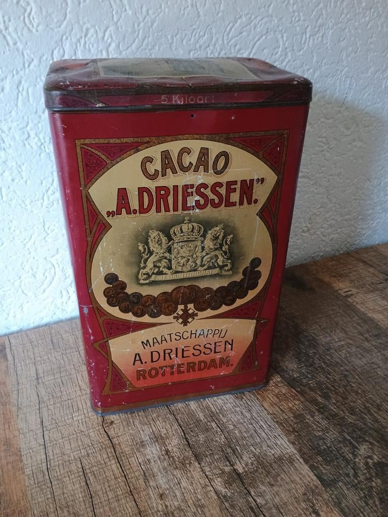 Groot oud winkelblik Cacao Driessen Rotterdam - 5 Kilo !, Verzamelen, Blikken, Ophalen of Verzenden, Gebruikt, Overige