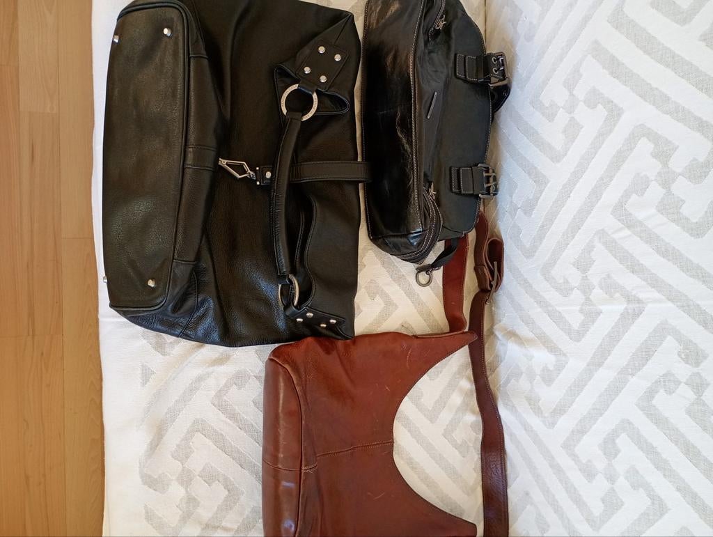 Drie vintage leren merktassen - Handtas, Schoudertasje, Ophalen of Verzenden, Gebruikt, Zwart, Handtas