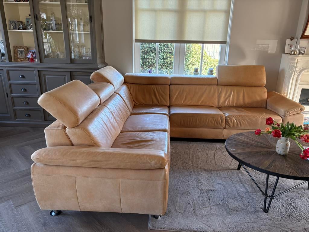 Goossens hoekbank leer licht cognac, Ophalen, Gebruikt, Leer