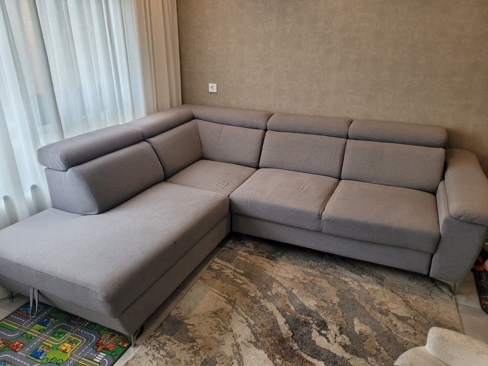 Grijze hoekbank/slaapbank met opbergruimte, Huis en Inrichting, Ophalen, 250 tot 300 cm, Gebruikt, Hoekbank