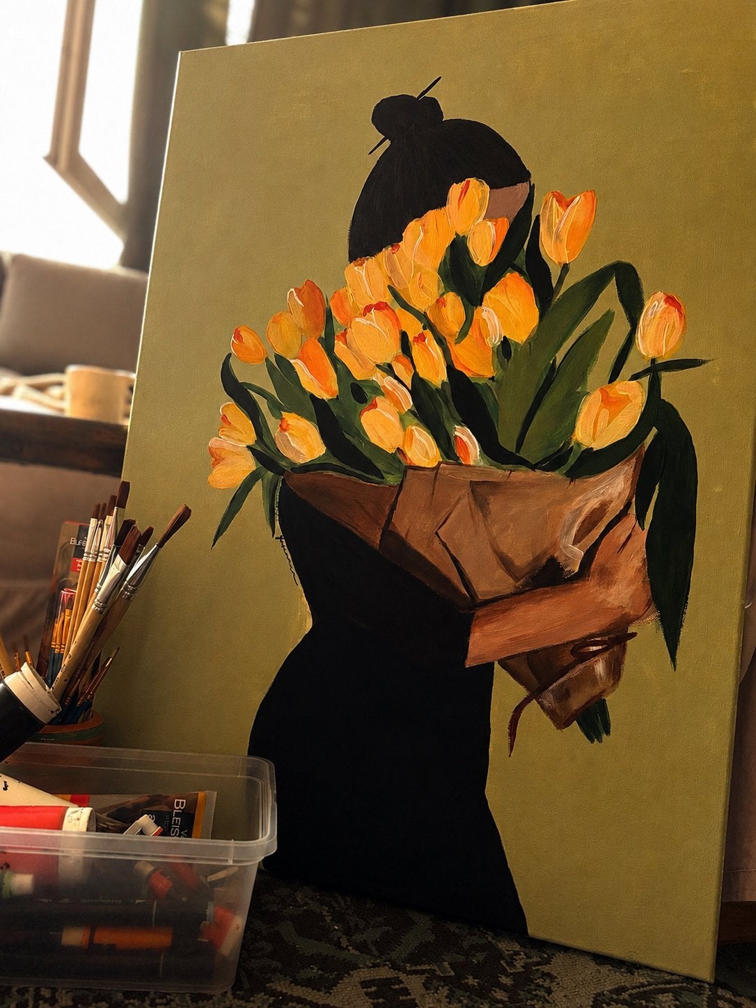 Vrouw met bos gele tulpen - Modern schilderij, Ophalen, Acrylverf, Handgeschilderd, Bloemen