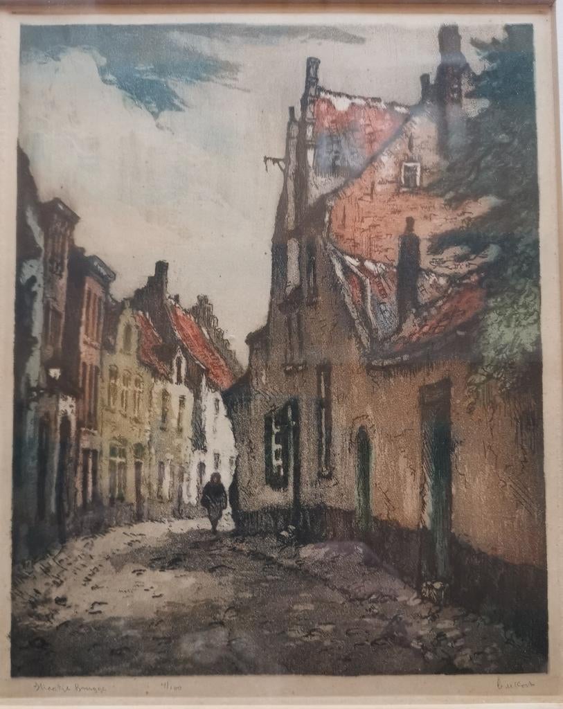 Kees de Kort kleuren ets 4 / 100 straatje Brugge, Ophalen of Verzenden