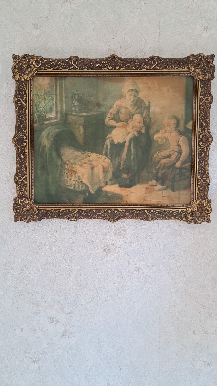 Antieke prent in sierlijke lijst - Gezellig huis.  taferee, Ophalen, 50 – 75, Gebruikt, Print