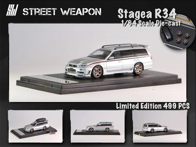 Nissan Skyline Stagea R34 van Street Weapon 1/64 zilver, Ophalen of Verzenden, Nieuw, Auto