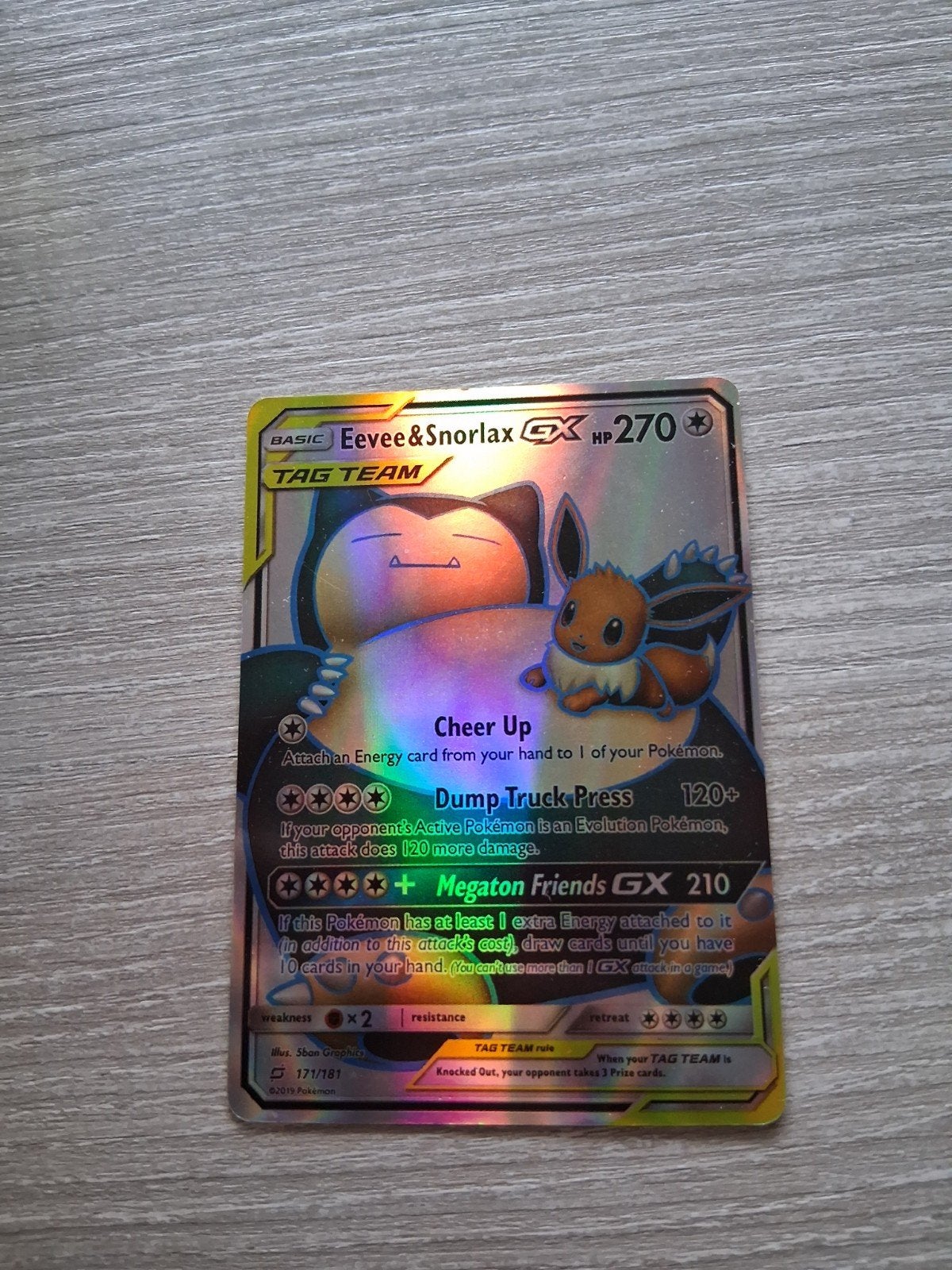 pokemon kaart Eevee & Snorlax tag team GX, Ophalen of Verzenden, Zo goed als nieuw, Losse kaart, Foil