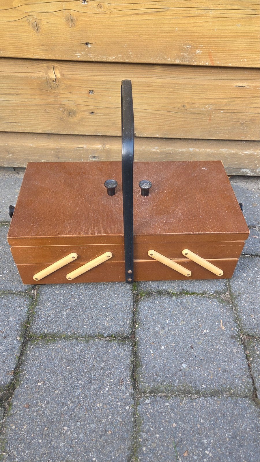 Vintage houten naaidoos - harmonica model, Ophalen, Gebruikt