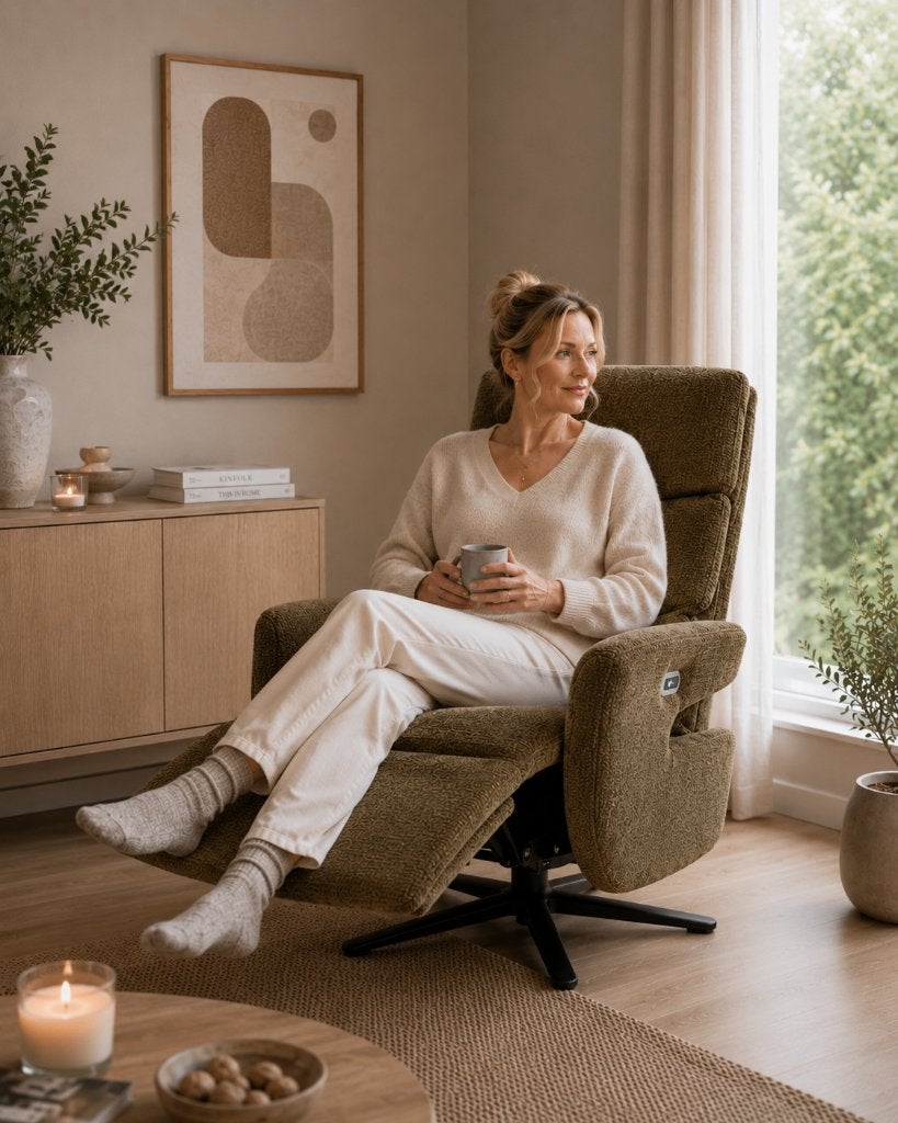 Relaxfauteuil groen Dinant met een of dubbele motor, Minder dan 75 cm, Nieuw, Ophalen of Verzenden, Stof