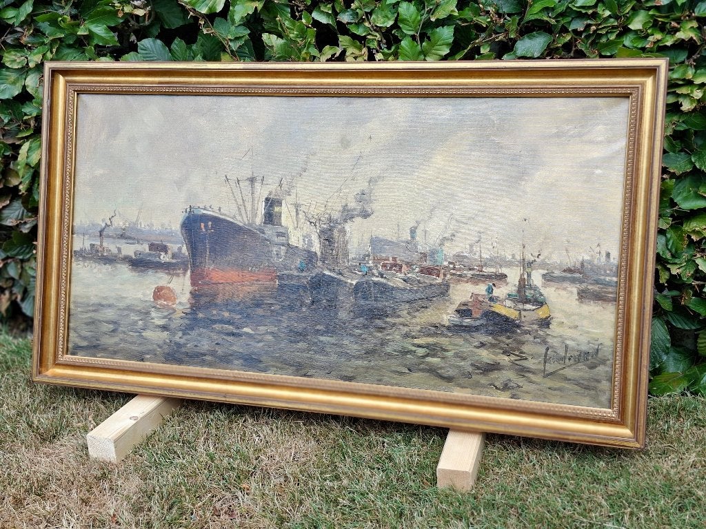 Schepen in de haven van Rotterdam, gesigneerd A. Verveen, Maritiem / water, Doek, Impressionistisch, Ophalen of Verzenden