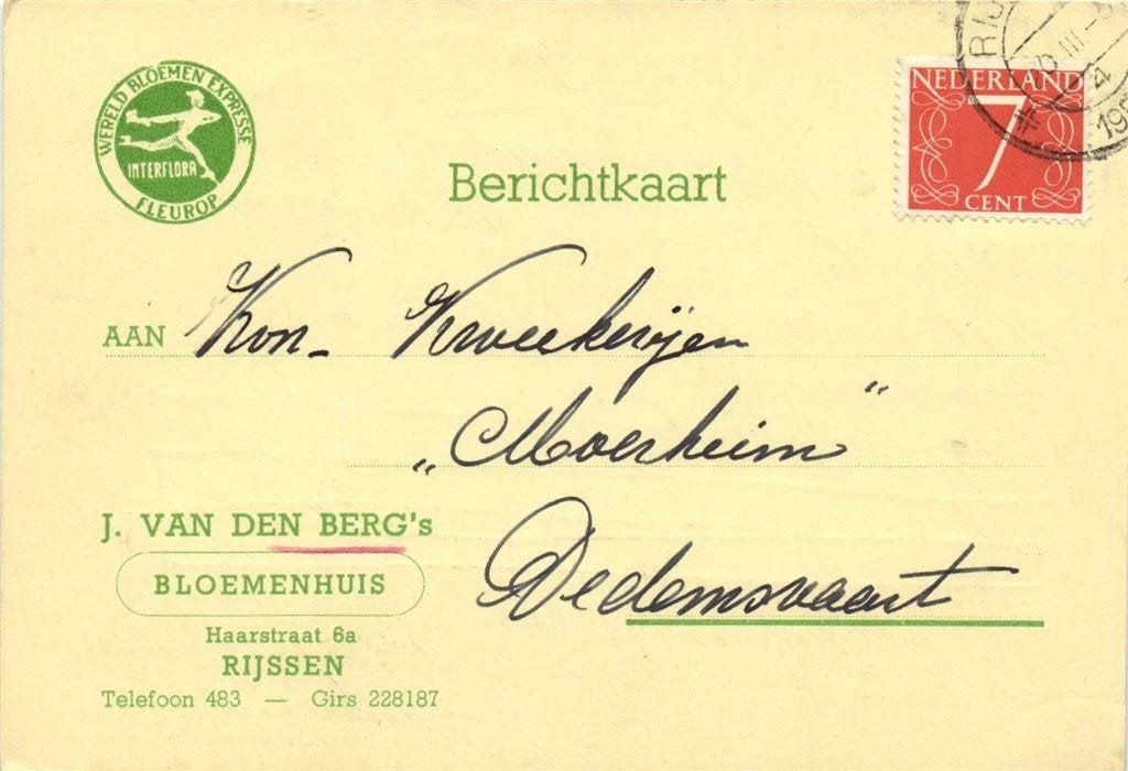 J. van den Berg, Rijssen - 03.1954 - berichtkaart, Ophalen of Verzenden, Briefkaart