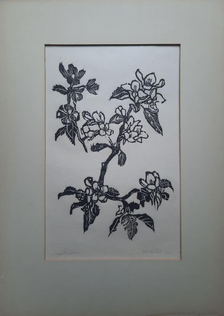 Appelbloesem - Kunstenaar: Selma Berkelaar, 1950 - 1999, Houtsnede, Flora en Fauna, 45 cm