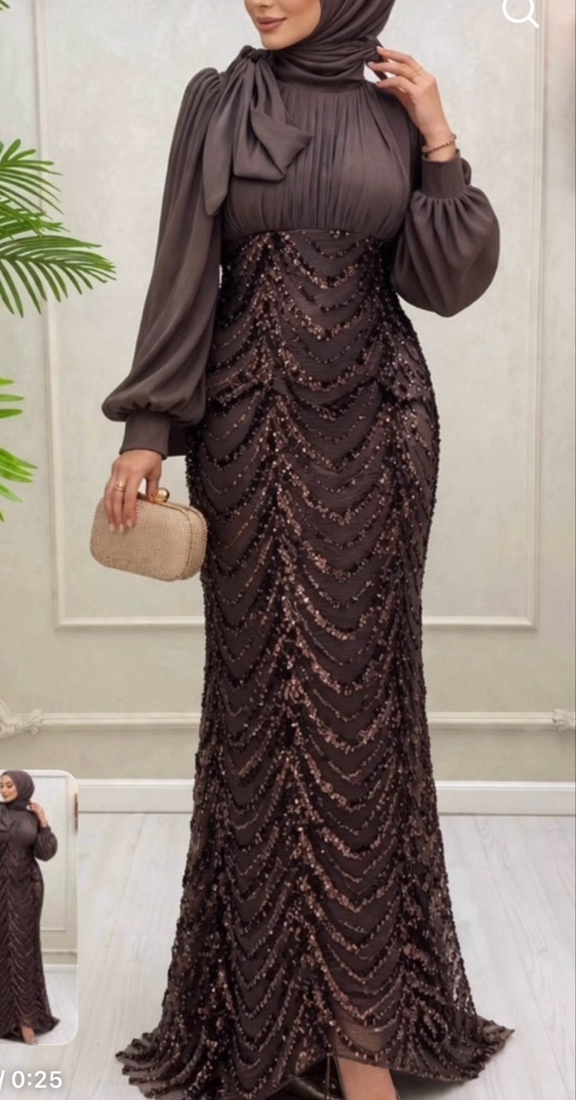 Elegante Galajurk met Pailletten en Hijab Abiye  46 maat, Galajurk, Bruin, Maat 46/48 (XL) of groter, Ophalen of Verzenden