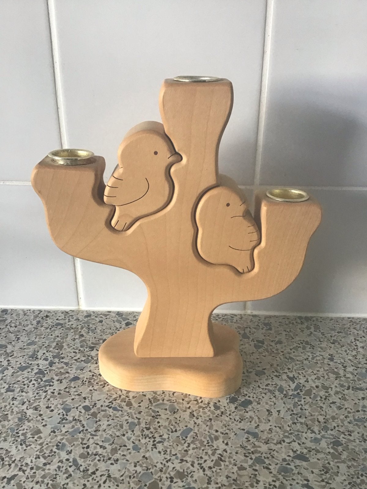 Houten kandelaar met vogels, 3-armig - Montet Bois, Huis en Inrichting, Woonaccessoires | Kandelaars en Kaarsen, Bruin, Ophalen of Verzenden