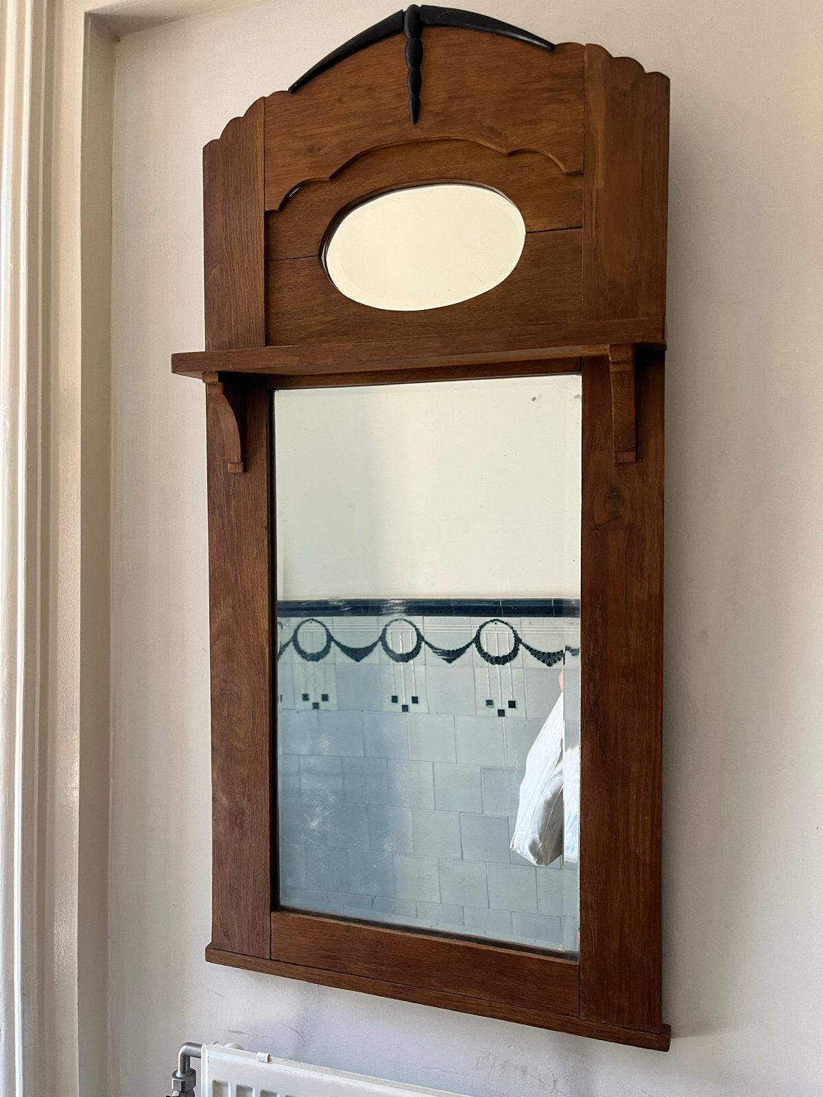 Antieke houten art deco spiegel, Huis en Inrichting, Woonaccessoires | Spiegels, Ophalen, Gebruikt, 100 tot 150 cm, Rechthoekig