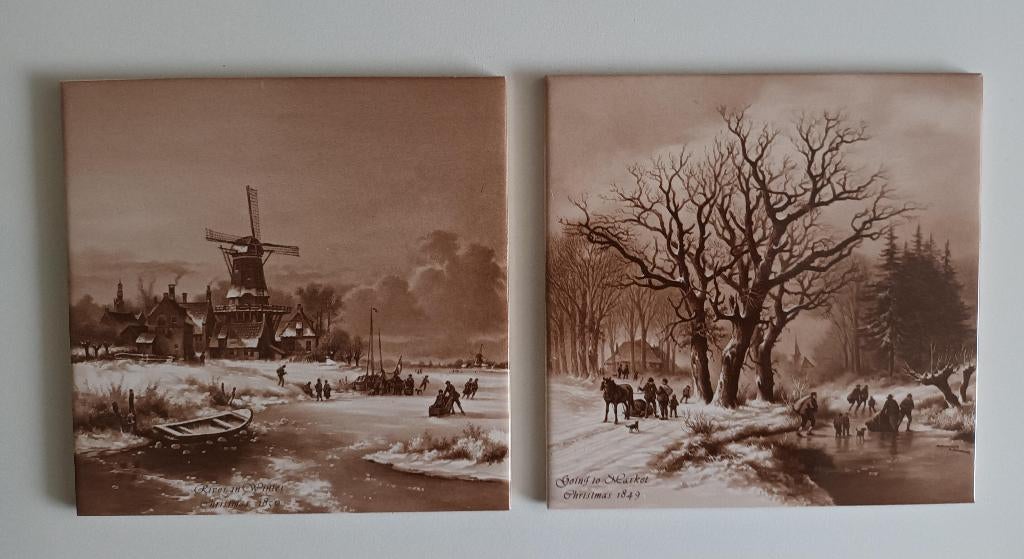 2 mooie geglazuurde tegeltjes met wintertafarelen, Ophalen of Verzenden