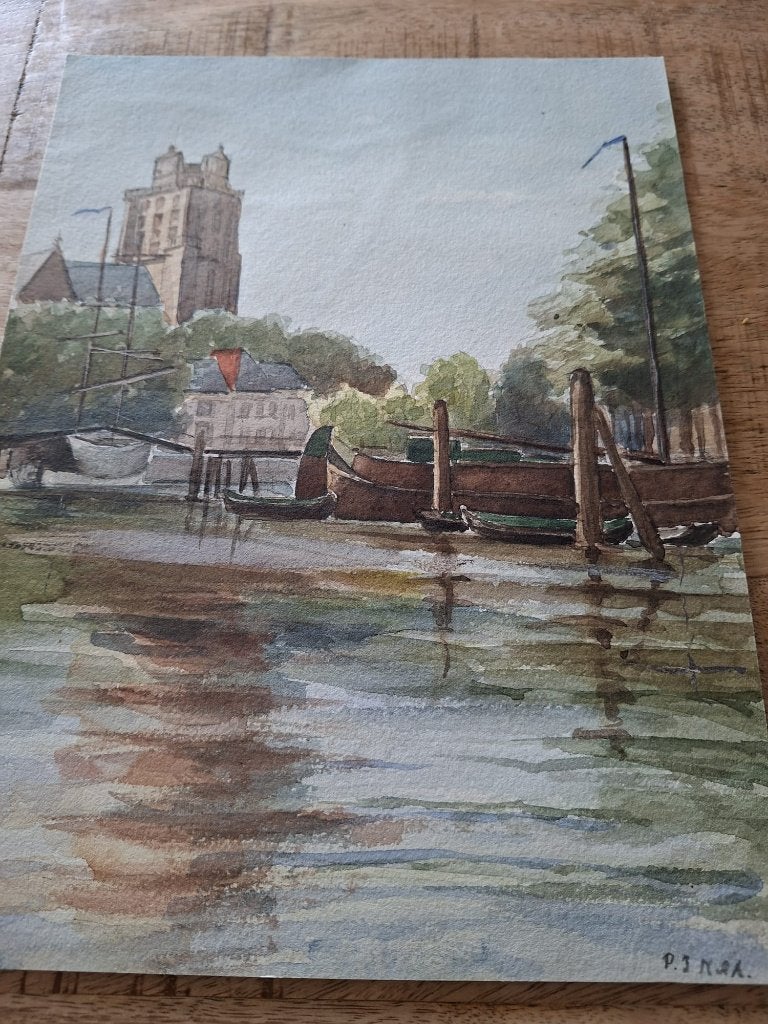 Aquarel  Grote Kerk Dordrecht, Antiek en Kunst, Oud hollands, Ophalen of Verzenden, Aquarel, Origineel werk