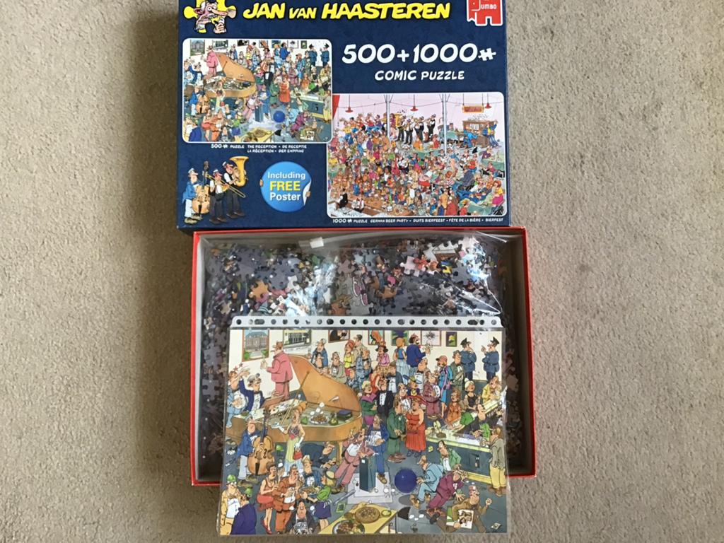 Jan van Haasteren 2 puzzels in 1 doos., Ophalen, 500 t/m 1500 stukjes, Zo goed als nieuw