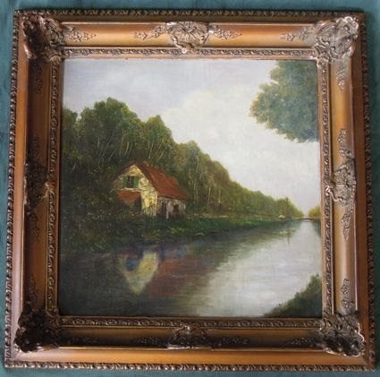 Nr C143: Antiek schilderij steenbakkerij, Antiek en Kunst, Kunst | Schilderijen | Klassiek, Doek, Ophalen of Verzenden, Landschap