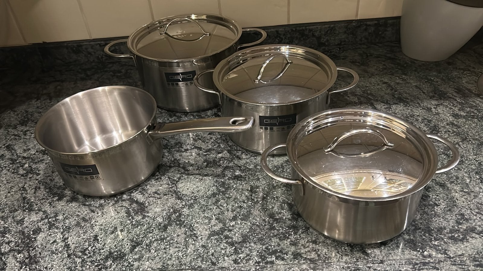 Gero Pannenset RVS - 4-delig met glazen deksels, Gebruikt, Pannenset, Ophalen of Verzenden, Rvs