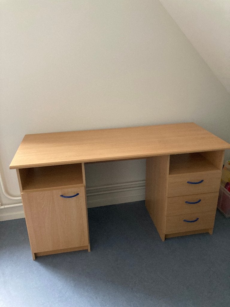 beukenhouten bureau met kastje en lades, Ophalen, Hout, Bruin, Zo goed als nieuw