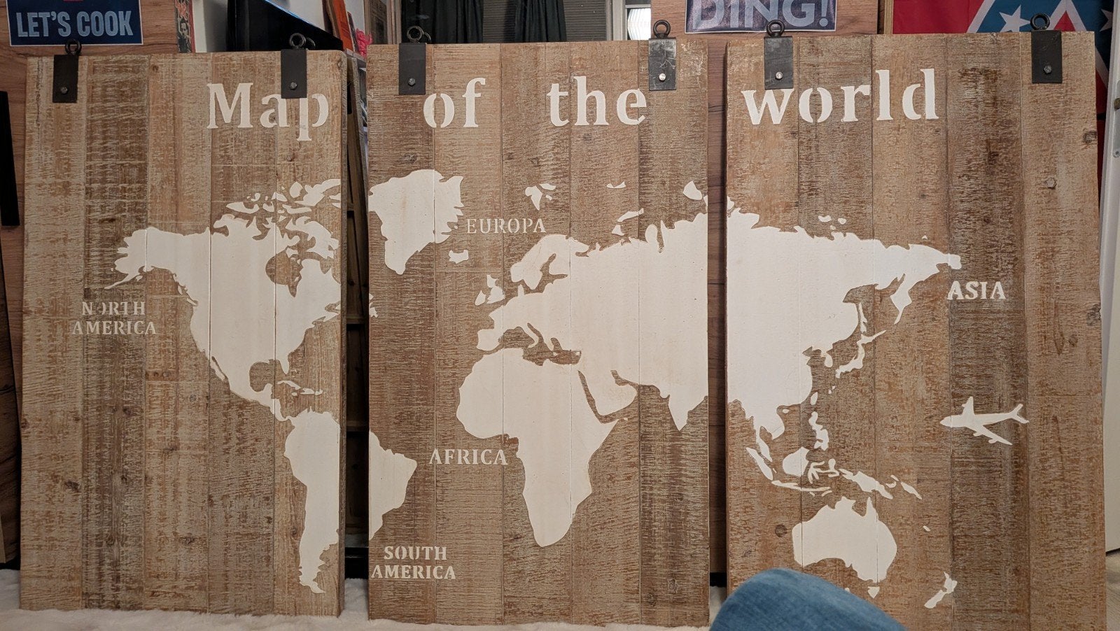 Houten Wereldkaart Wanddecoratie - Set van 3 Panelen, Ophalen, Hout, Zo goed als nieuw, Bruin