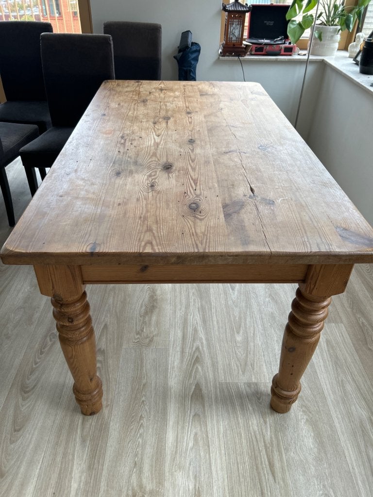 Massief grenen eettafel 165x90 cm –2 lades -gedraaide poten, Ophalen, Gebruikt, 50 tot 100 cm, 150 tot 200 cm