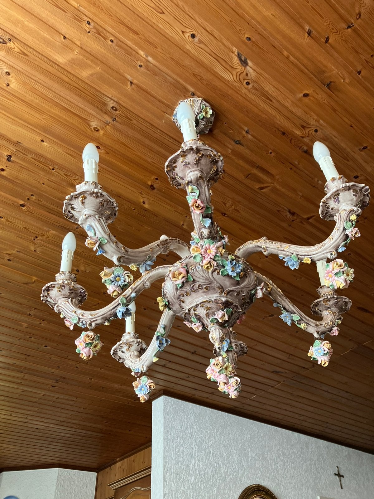 Kroonluchter met bloemen en wandlampje €150, Huis en Inrichting, Lampen | Kroonluchters, Ophalen, Gebruikt
