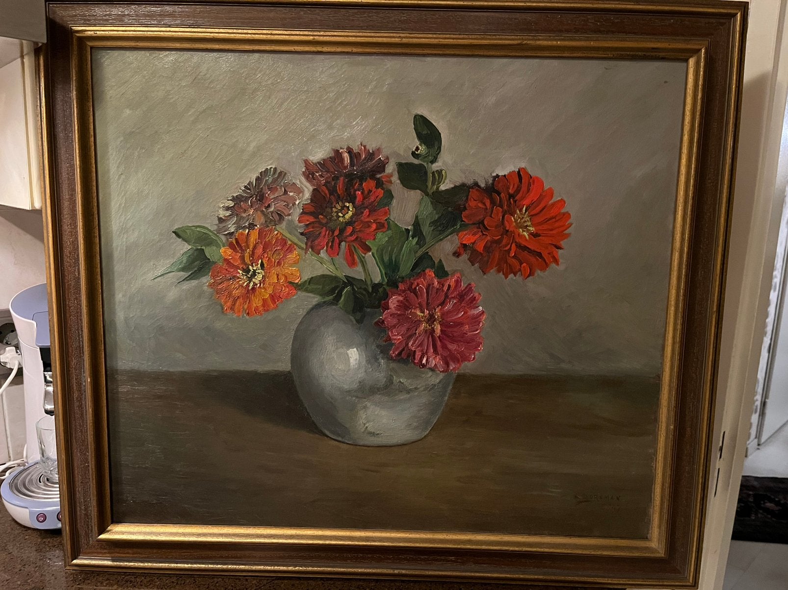 Antiek groot olieverf bloemen stilleven schilderij, Ophalen