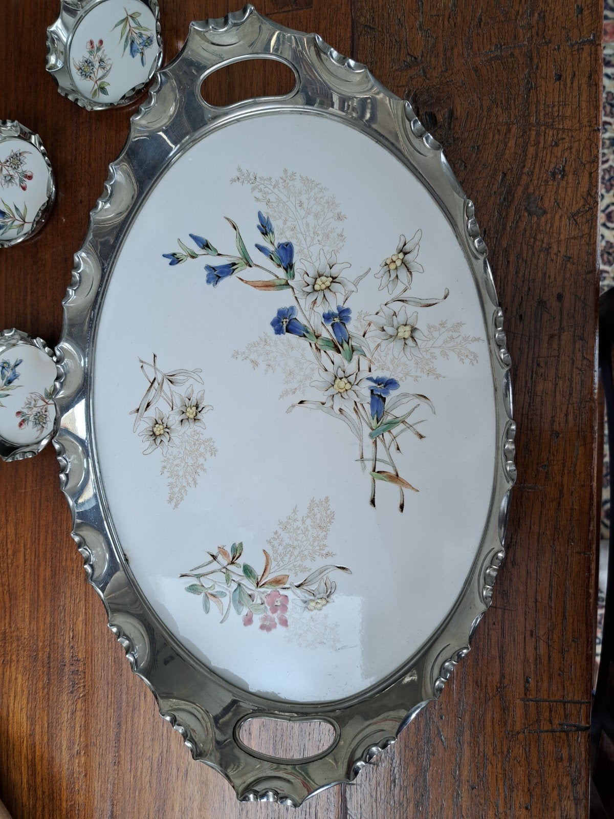 Vintage dienblad met bloemmotief en 4 onderzetters, Ophalen of Verzenden