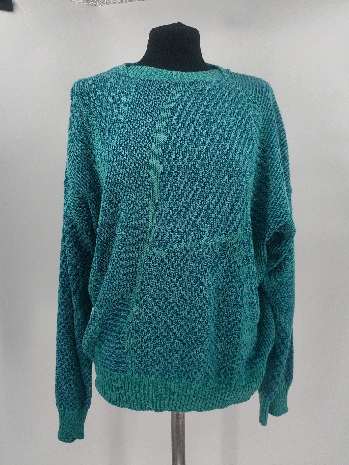 Retro oversized gebreide trui turquoise petrol patchwork pat, Vintage Dressing, Blauw, Maat 46/48 (XL) of groter, Ophalen of Verzenden