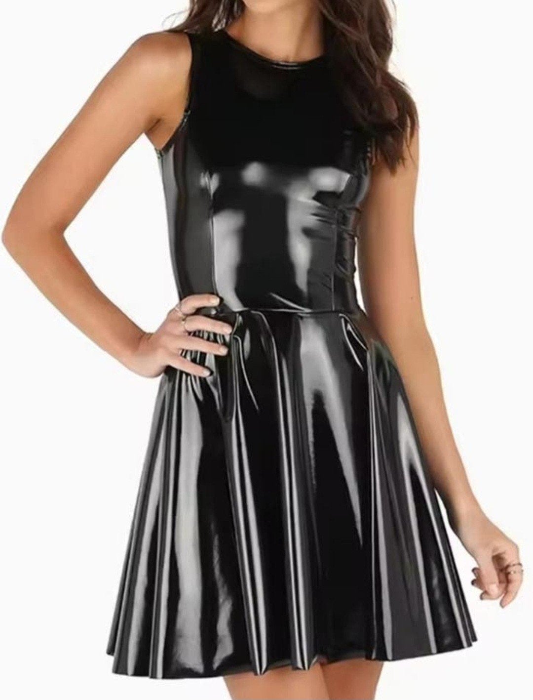 Lak jurk met rits, tm 6XL, Kleding | Dames, Jurken, Verzenden, Nieuw, Zwart, Boven de knie