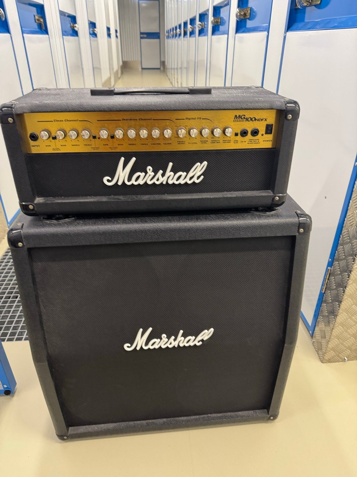 Marshall MG100HDFX gitaarversterker head en MG412A kast, Ophalen, Gebruikt, Gitaar, 100 watt of meer