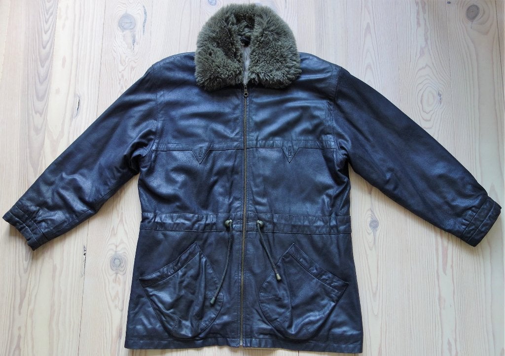Vintage zwarte leren jas met bontkraagje, maat M, Maat 38/40 (M), Zwart, Ophalen of Verzenden, Zo goed als nieuw
