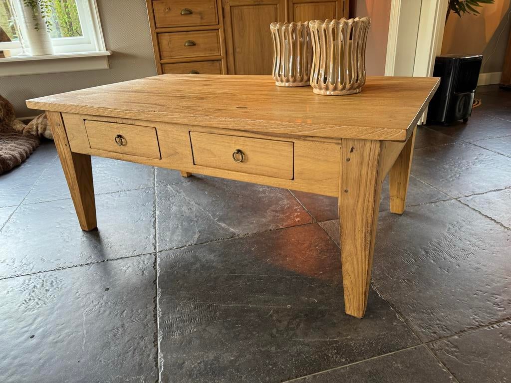Houten salontafel met twee lades van Teak, Ophalen, 100 tot 150 cm, Teakhout, 50 tot 100 cm