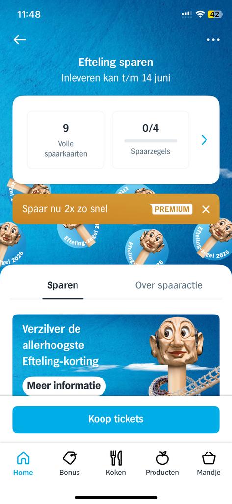 9 Efteling spaarkaarten AH, Tickets en Kaartjes, Drie personen of meer, Kortingsbon, Pretpark