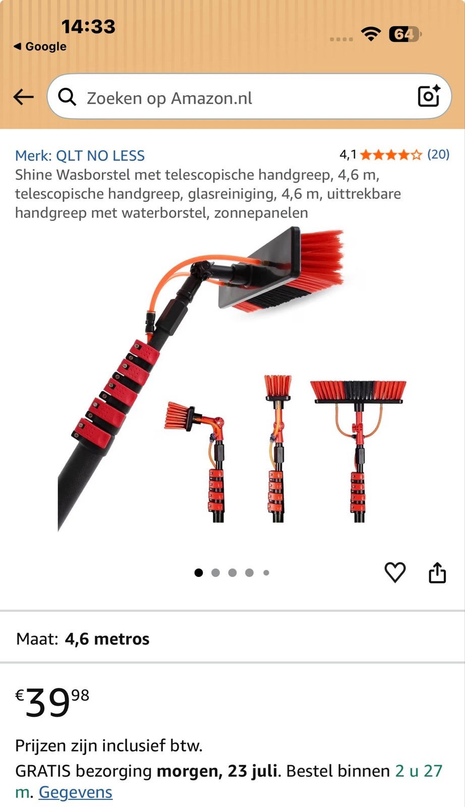Nieuwe Telescopische wasborstel 4,6m met wateraansluiting, Doe-het-zelf en Verbouw, Ophalen, Nieuw