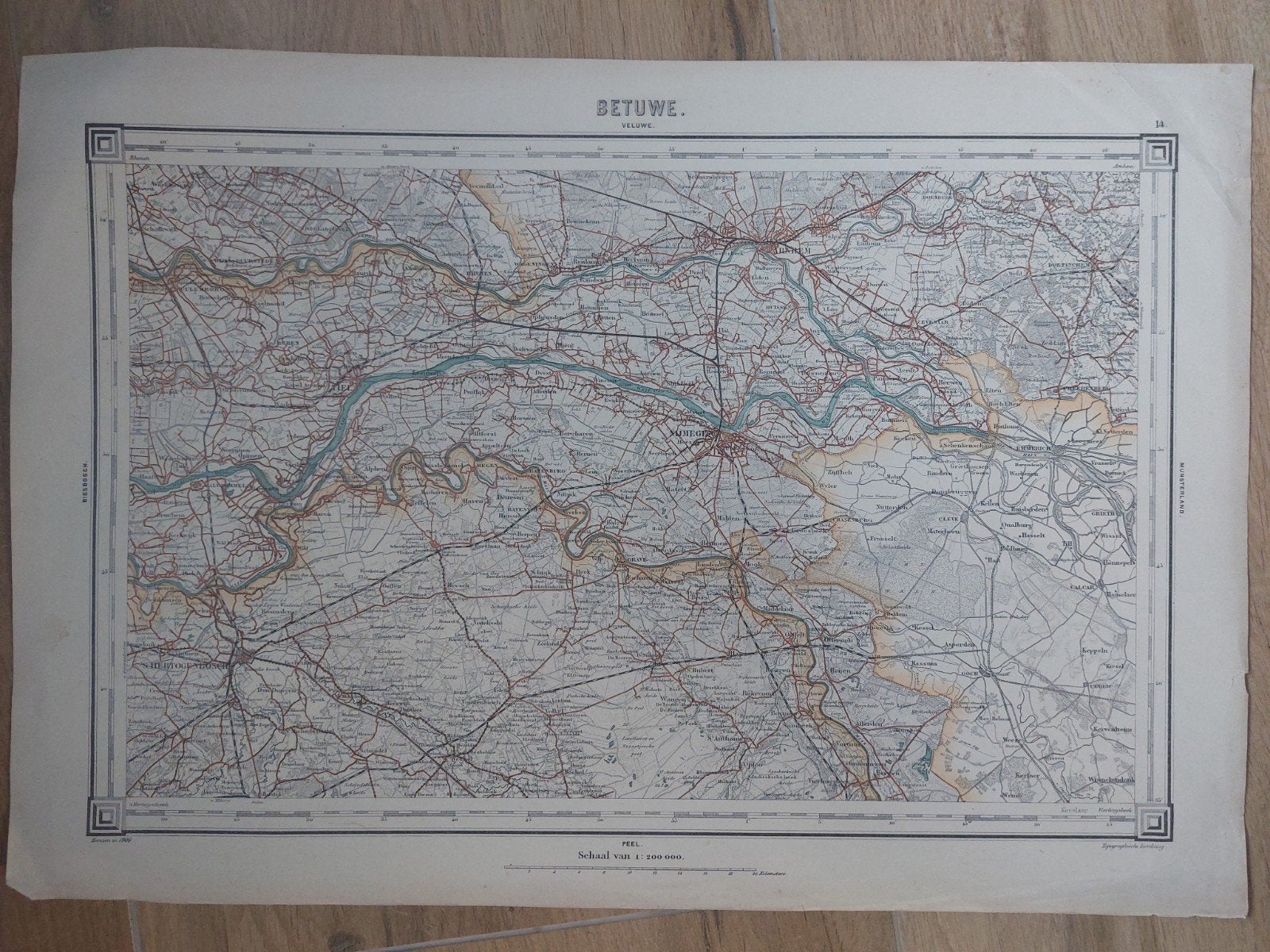 14 plattegrond uit ca 1906 Betuwe Arnhem Nijmegen Rhenen, Topografische Dienst Nederland, Ophalen of Verzenden, 1800 tot 2000