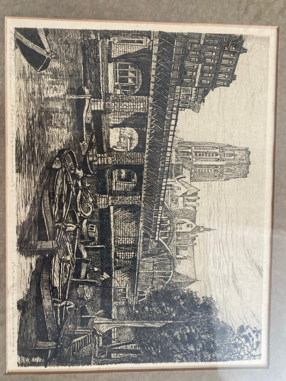 Oude ets van Rotterdam stadsgezicht met gracht en gebouwen, Ets, Stadsgezicht, Ophalen of Verzenden, Gesigneerd