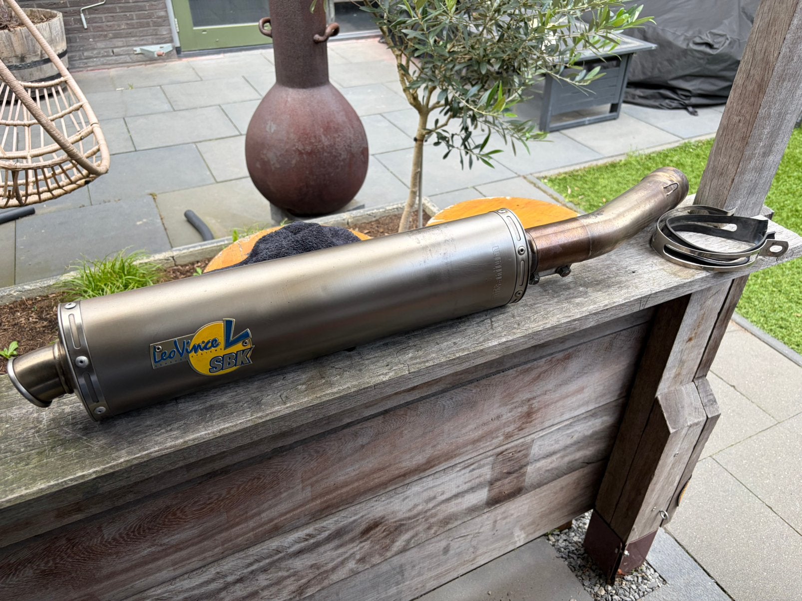 Leovince SBK titanium met linkpijp voor RSV mille of Tuono, Ophalen of Verzenden, Gebruikt