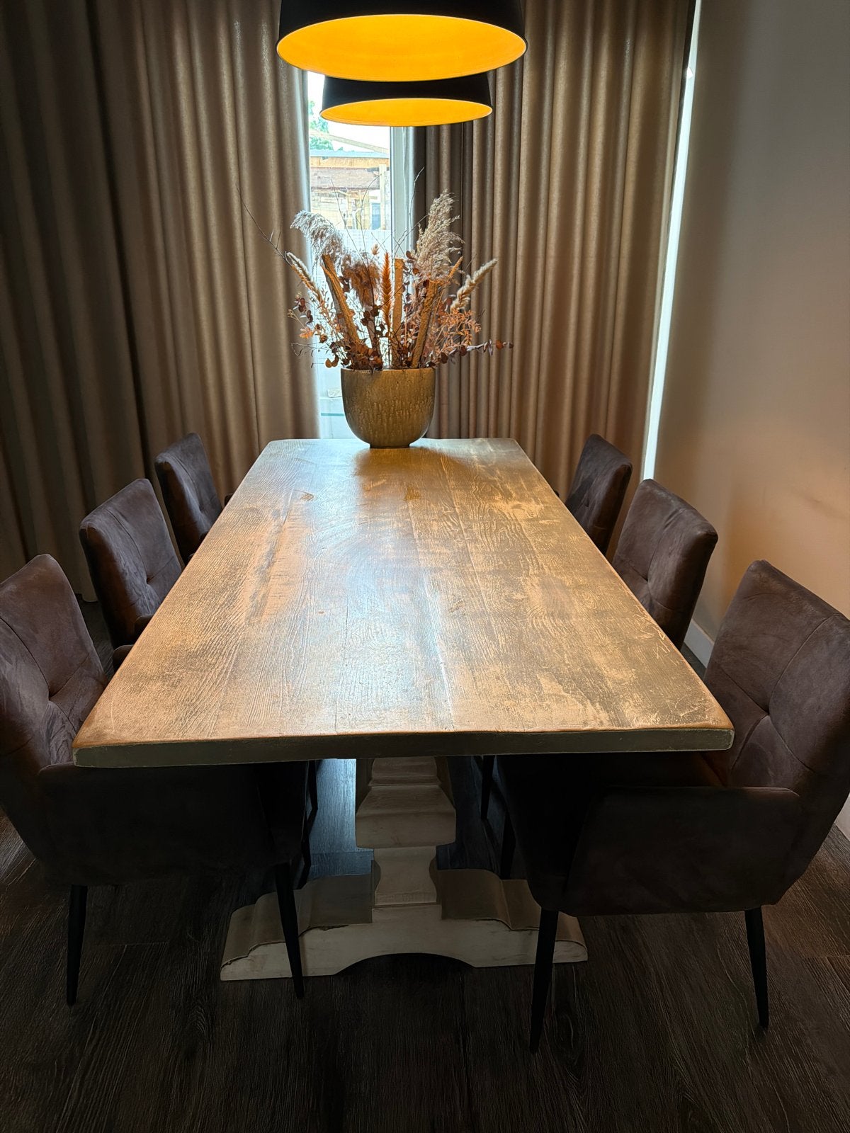 Robuuste eettafel met 6 stoelen - Landelijke stijl, Huis en Inrichting, Ophalen, Gebruikt, 200 cm of meer, 50 tot 100 cm