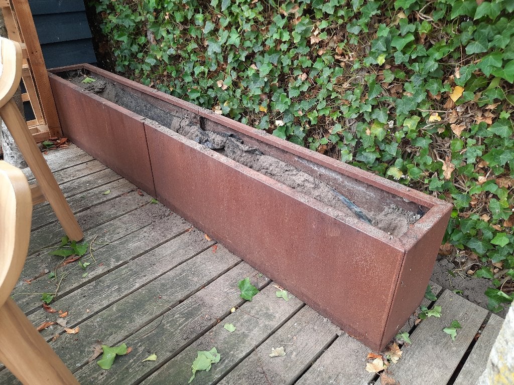 Plantenbak staal 2.4m x 30cm, Tuin en Terras, Bloembakken en Plantenbakken, Ophalen, Gebruikt, 100 cm of meer, Metaal