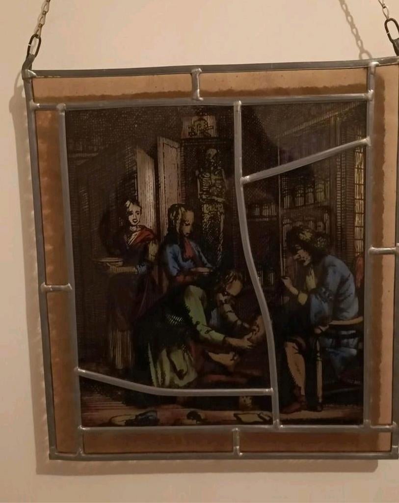 Vintage glas in lood paneel - Dokterspraktijk tafereel, Ophalen of Verzenden