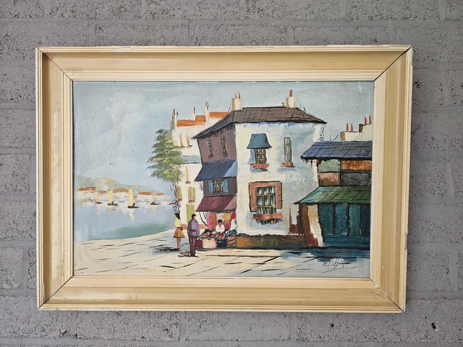 Schilderij Stadsgezicht aan het water - gesigneerd, Doek, Realistisch, Ophalen of Verzenden, Olieverf