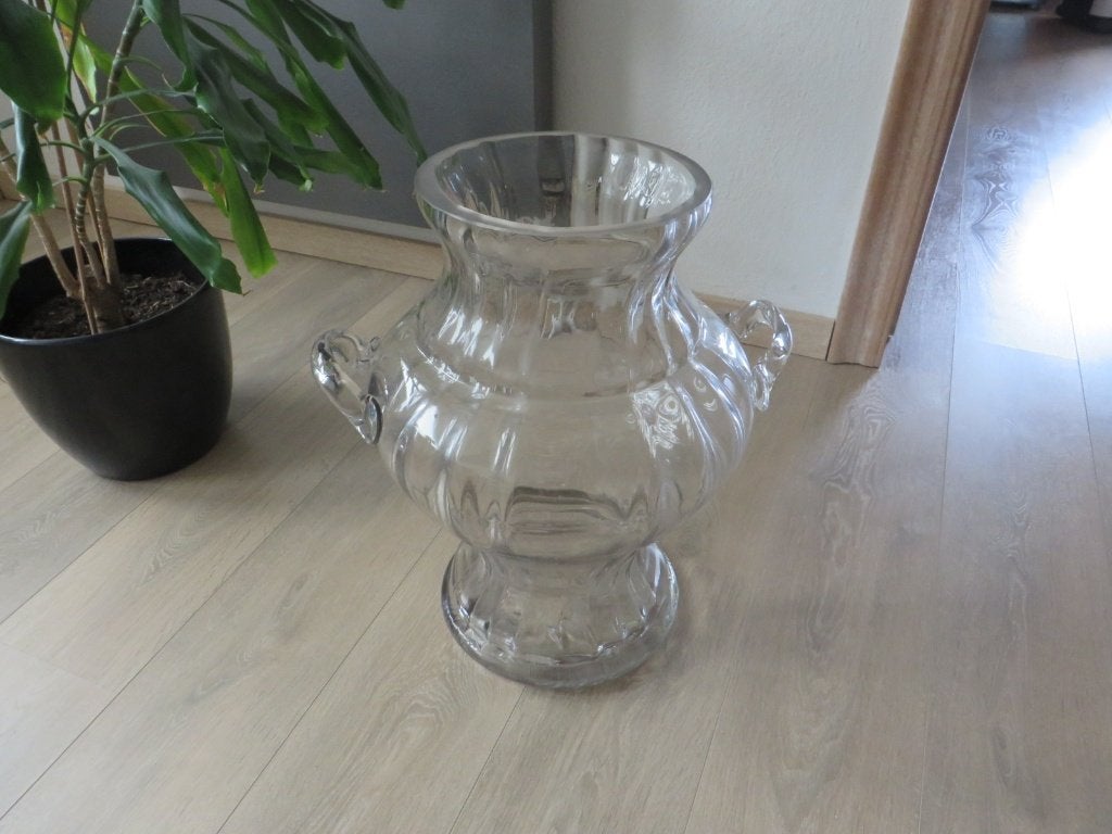 Grote glazen vaas met 2 handvaten hoog 52cm opening 20cm, Ophalen, Met handvat, Transparant, 52 cm