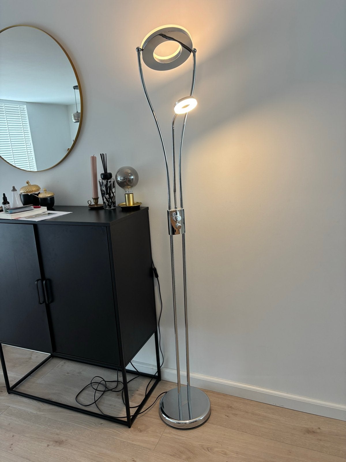Moderne vloerlamp met leeslamp - chroom, Ophalen, Zo goed als nieuw, Metaal, 150 tot 200 cm