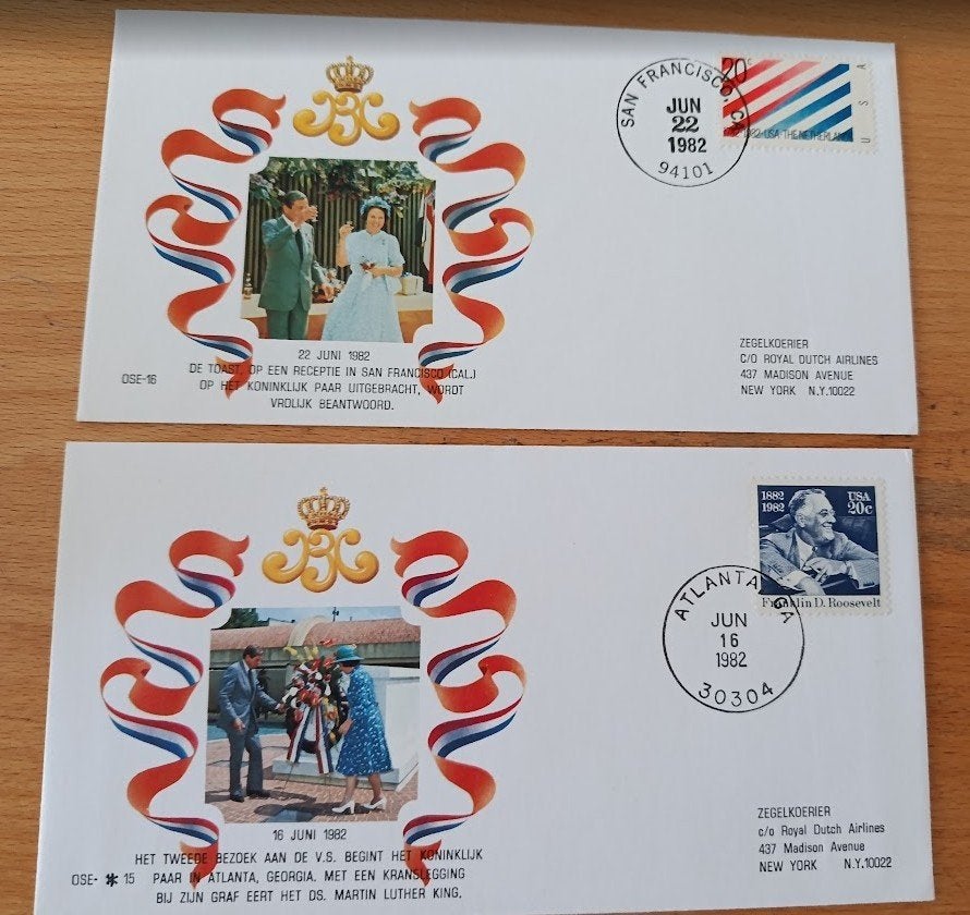 2 Eerstedagenveloppen Koninklijk Paar VS bezoek 1982, Postzegels en Munten, Verzenden, Gestempeld, Noord-Amerika