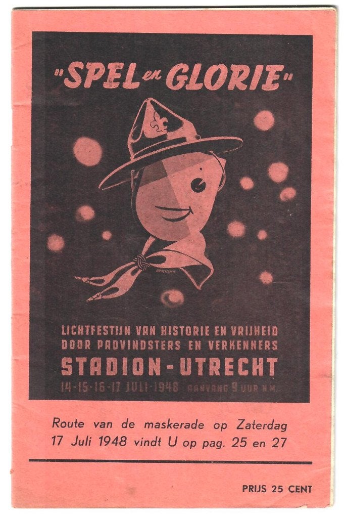 spel en glorie stadionspel 1948 Utrecht programma boekje, Verzamelen, Scouting, Verzenden, Gebruikt, Embleem, Speld of Insigne
