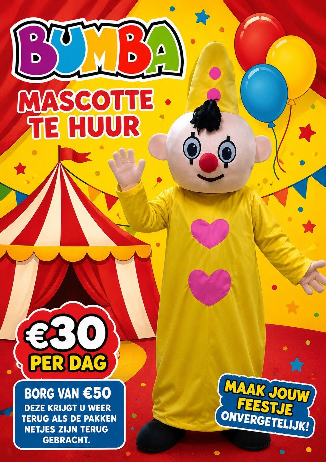 Bumba Mascotte Te Huur - Maak je Feestje Onvergetelijk!, Ophalen of Verzenden, Gebruikt, Kostuum, Verjaardag