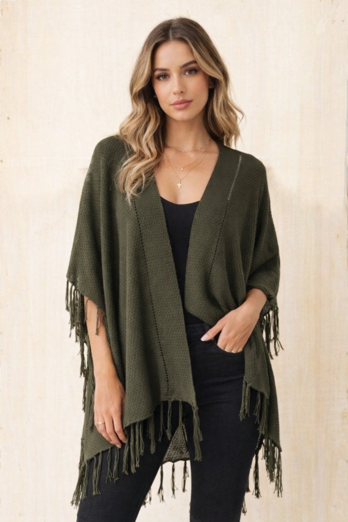 Nieuwe Heine poncho / vest met franjes – khaki – maat 36/38, Kleding | Dames, Maat 38/40 (M), Heine Best Connections, Nieuw, Ophalen of Verzenden