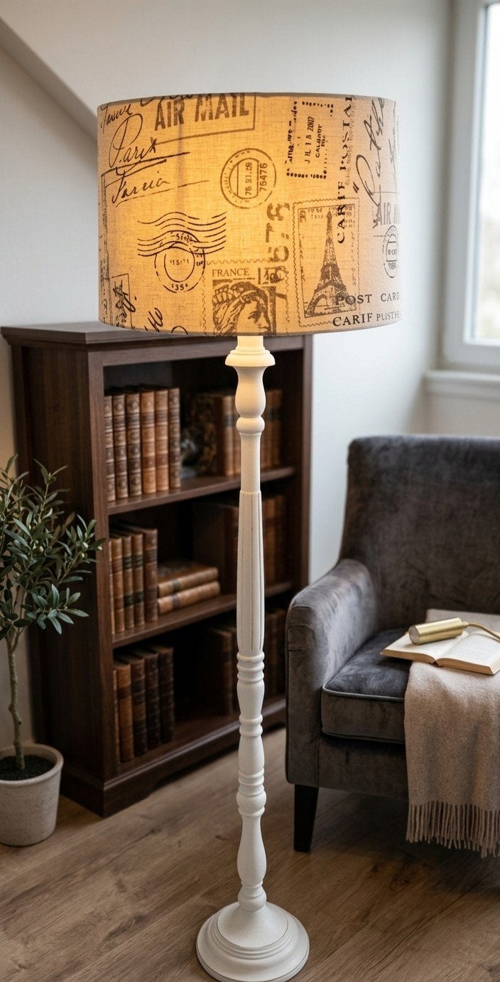 Landelijke Witte Vloerlamp / Schemerlamp – Vintage Frans, 150 tot 200 cm, Hout, E27 (groot), Ophalen of Verzenden