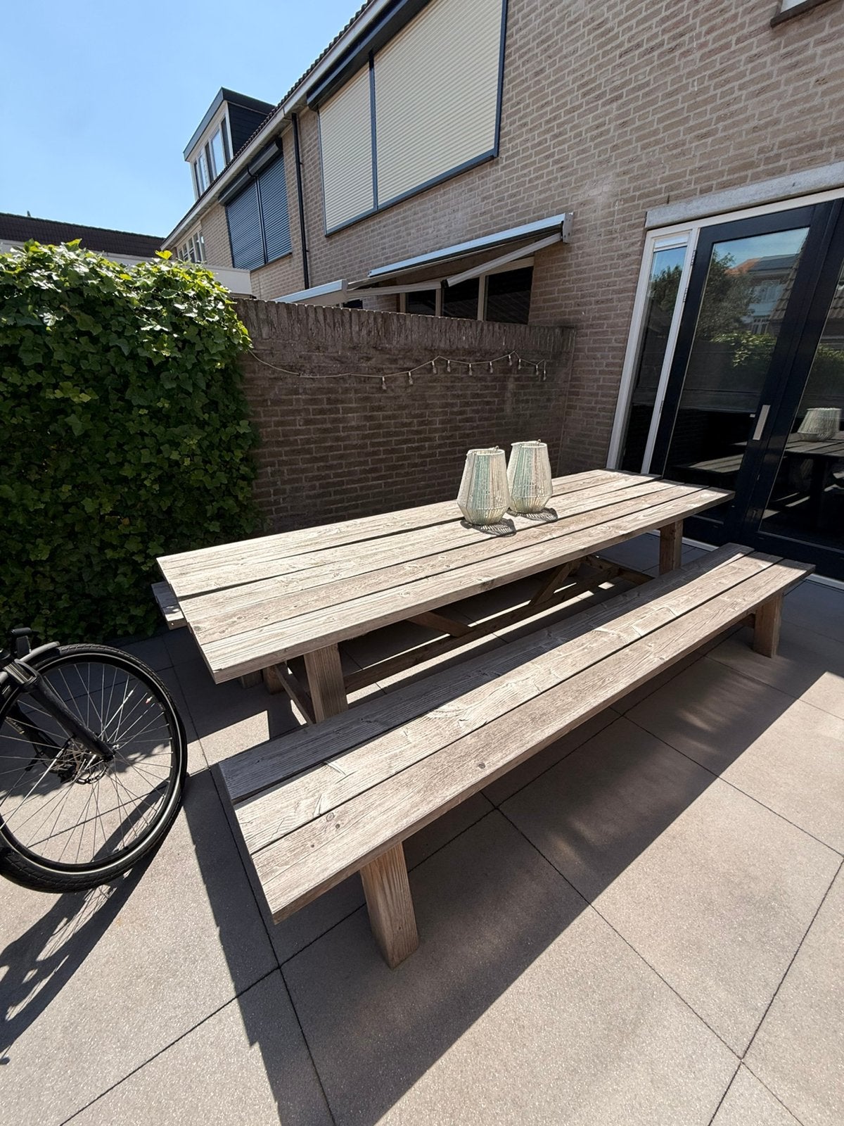 Tuintafel + banken, Tuin en Terras, Tuinbanken, Ophalen, Gebruikt, Hout